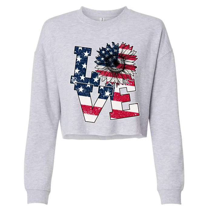 Love Sunflower Patriotic American Flag 4th Of July Cropped Pullover Crew