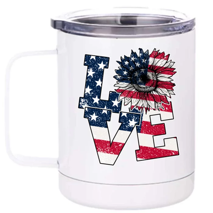 Love Sunflower Patriotic American Flag 4th Of July Front & Back 12oz Stainless Steel Tumbler Cup