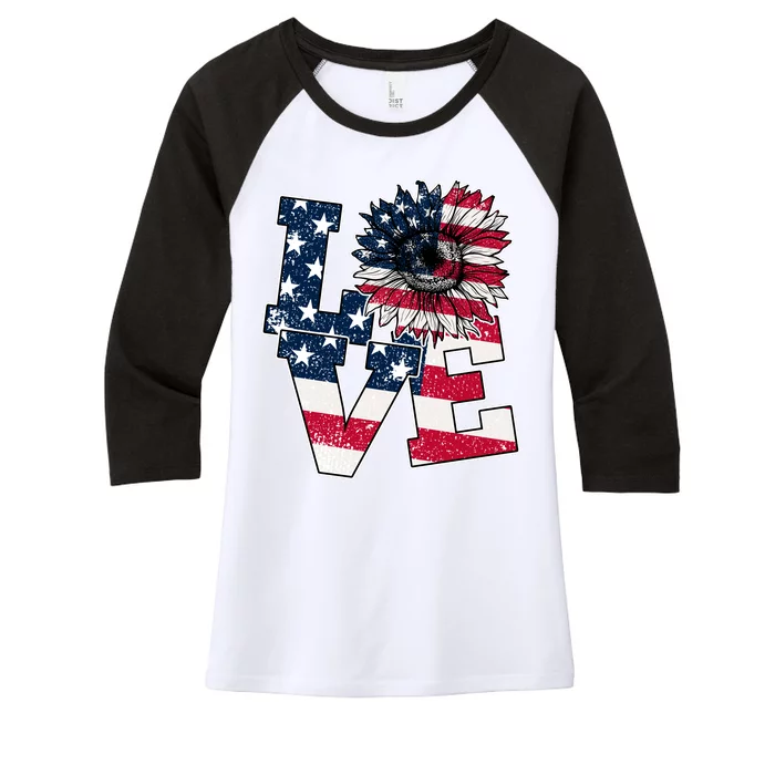 Love Sunflower Patriotic American Flag 4th Of July Women's Tri-Blend 3/4-Sleeve Raglan Shirt