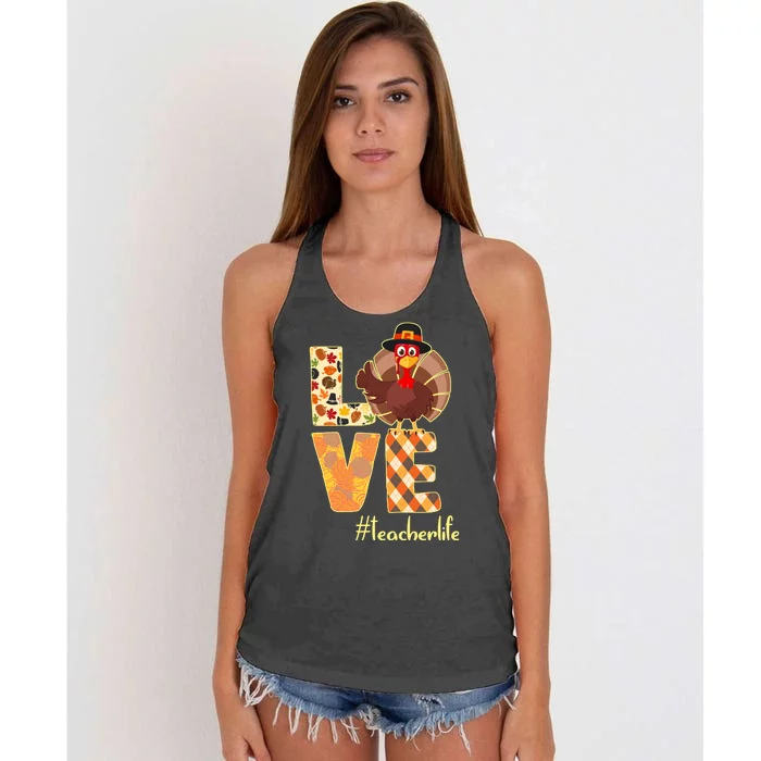 Love Teacher Life Turkey Thanksgiving Women's Knotted Racerback Tank