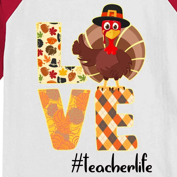 Love Teacher Life Turkey Thanksgiving Kids Colorblock Raglan Jersey