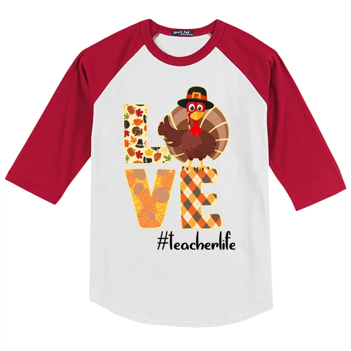 Love Teacher Life Turkey Thanksgiving Kids Colorblock Raglan Jersey