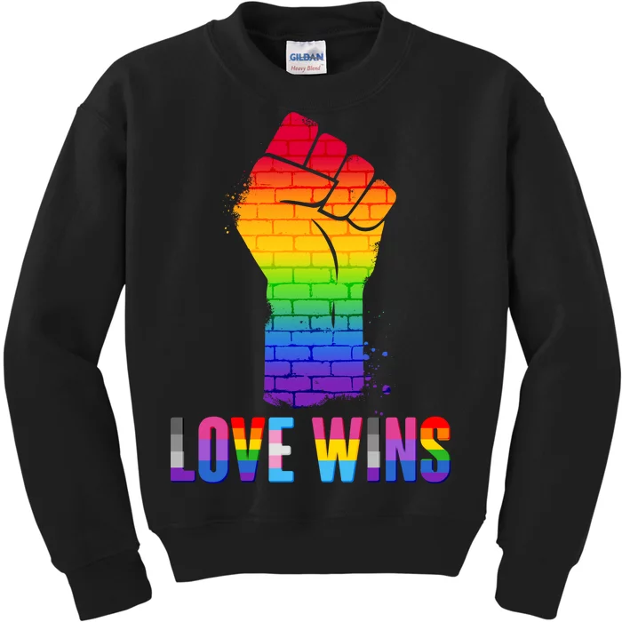 Love Wins Brick Wall Rainbow Fist Kids Sweatshirt