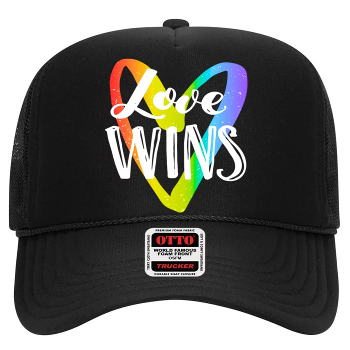 Love Wins LGBT Rainbow Heart High Crown Mesh Trucker Hat