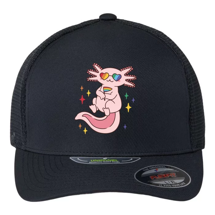 LGBTQ Pride Axolotl Rainbow Flag Flexfit Unipanel Trucker Cap