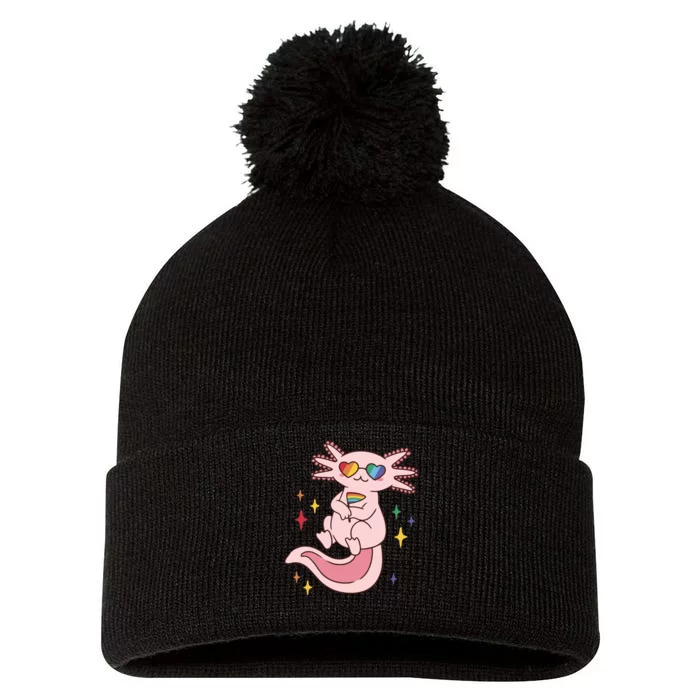 LGBTQ Pride Axolotl Rainbow Flag Pom Pom 12in Knit Beanie