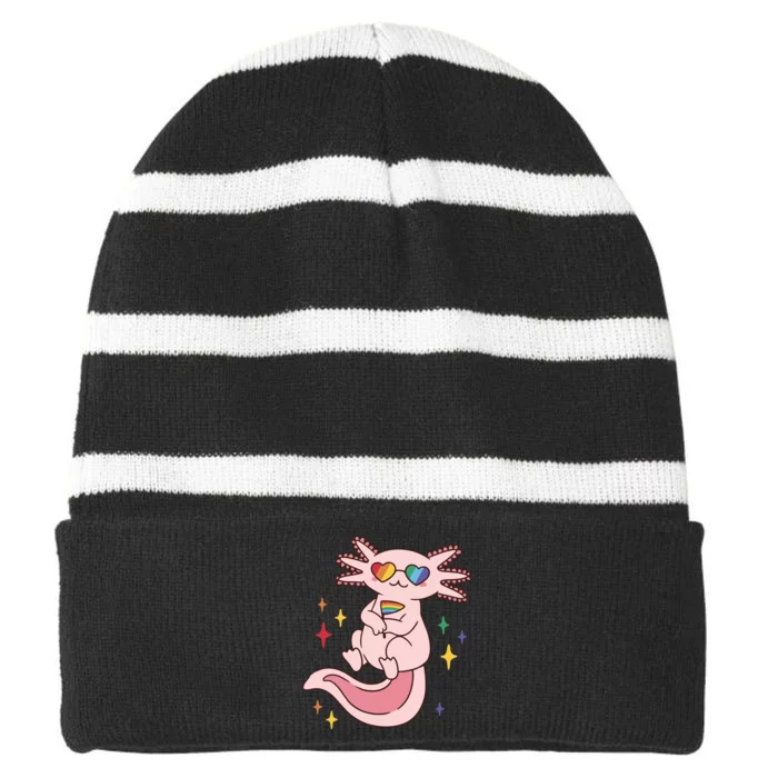 LGBTQ Pride Axolotl Rainbow Flag Striped Beanie with Solid Band