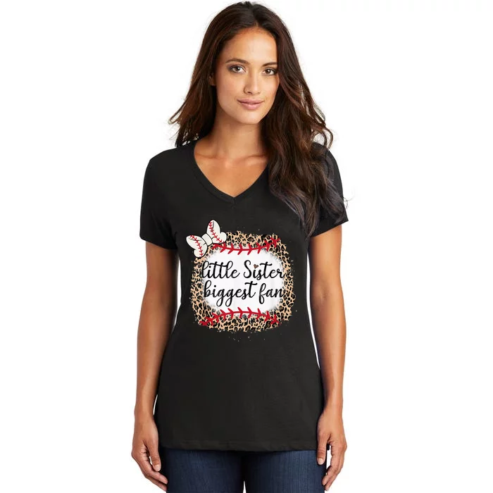 Leopard Print Baseball Little Sister Biggest Fan Ball Mom Women's V-Neck T-Shirt