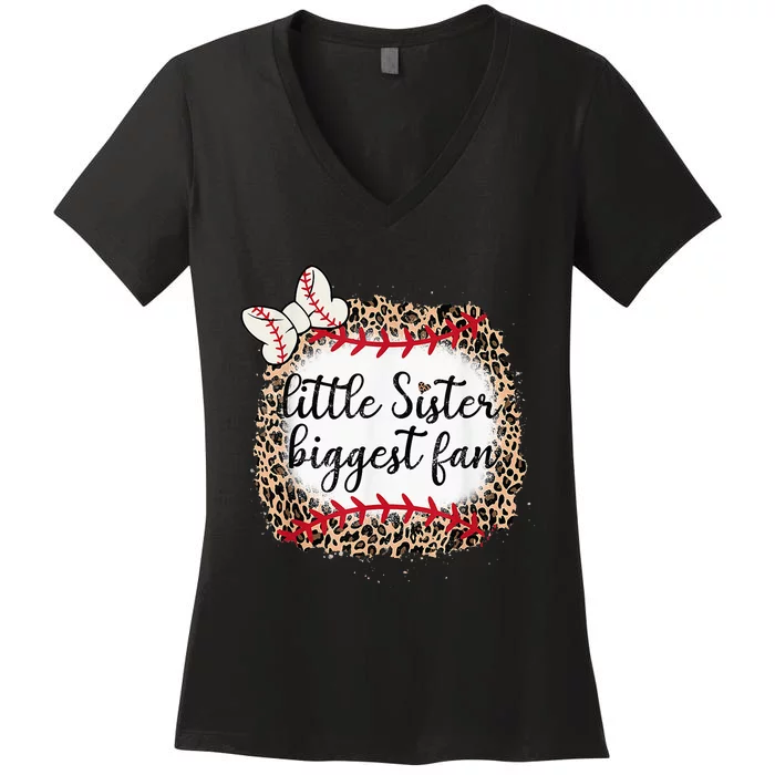 Leopard Print Baseball Little Sister Biggest Fan Ball Mom Women's V-Neck T-Shirt