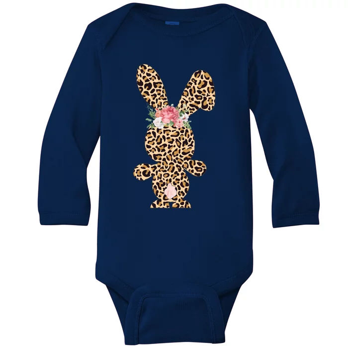 Leopard Print Bunny Flowers Happy Easter Day Gift Baby Long Sleeve Bodysuit