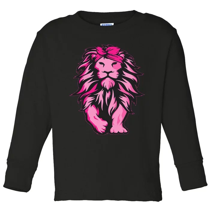 Lion Pink Bandana Breast Cancer Awareness Survivor Warrior Toddler Long Sleeve Shirt