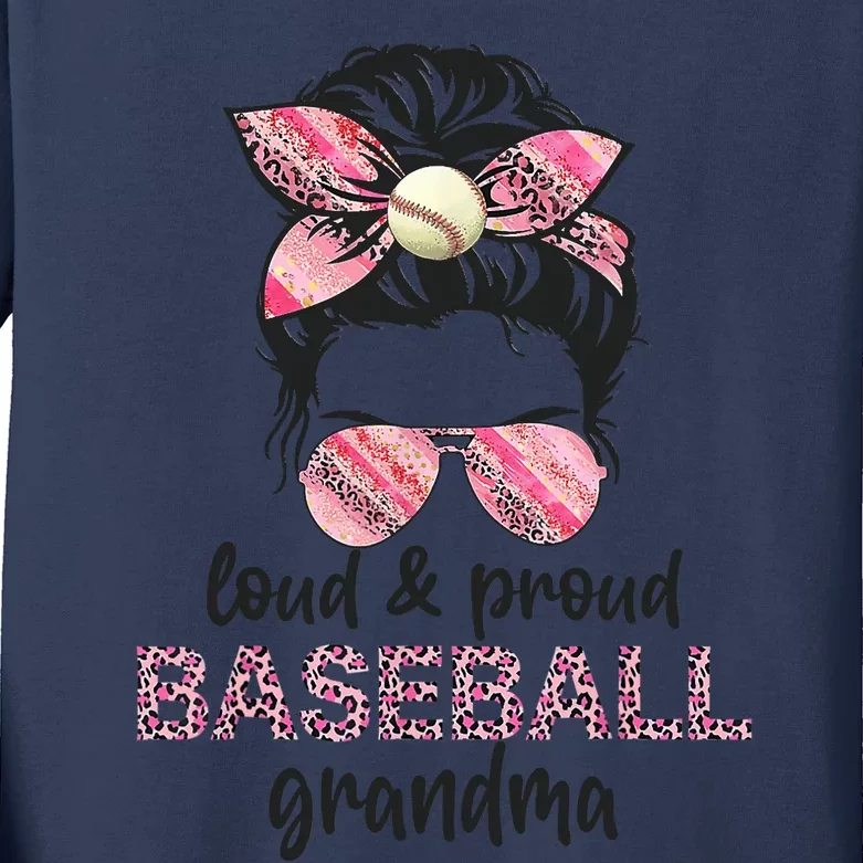 Loud Proud BaseBall Grandma Life Messy Bun Leopard Game Day Kids Long Sleeve Shirt