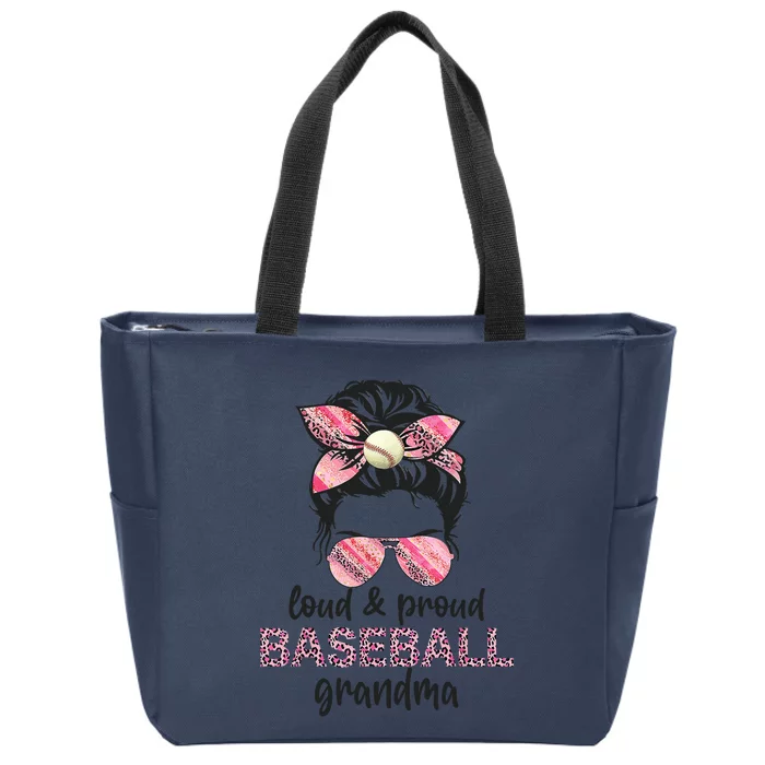 Loud Proud BaseBall Grandma Life Messy Bun Leopard Game Day Zip Tote Bag