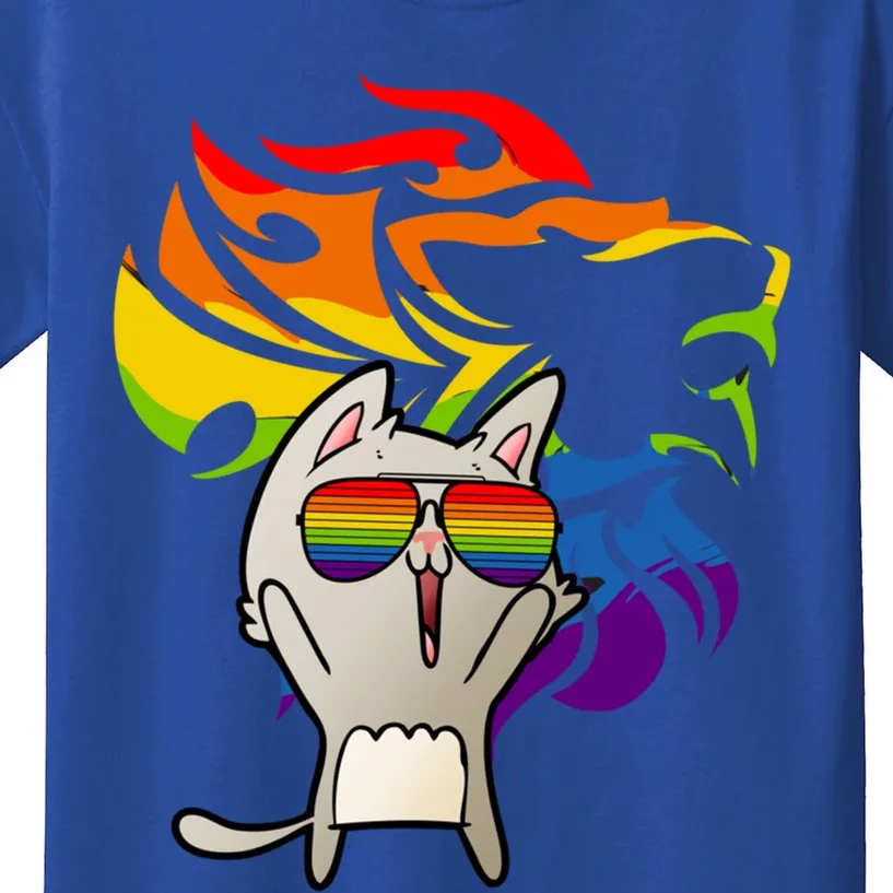 Lgbtq+ Pride Cat Wearing Sunglasses Rainbow Lion Gift Kids T-Shirt