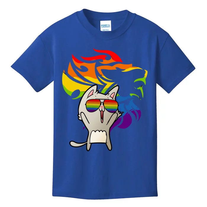 Lgbtq+ Pride Cat Wearing Sunglasses Rainbow Lion Gift Kids T-Shirt