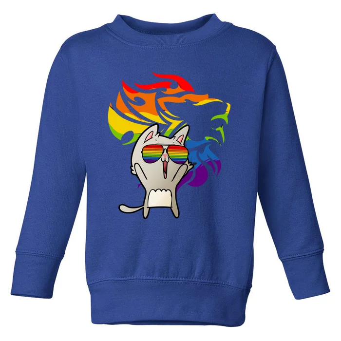 Lgbtq+ Pride Cat Wearing Sunglasses Rainbow Lion Funny Gift Toddler Sweatshirt