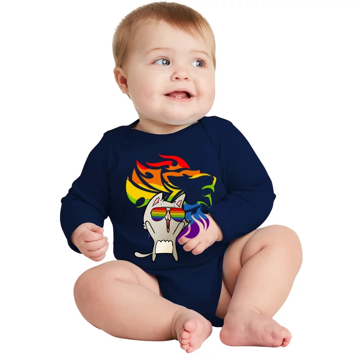 Lgbtq+ Pride Cat Wearing Sunglasses Rainbow Lion Funny Gift Baby Long Sleeve Bodysuit