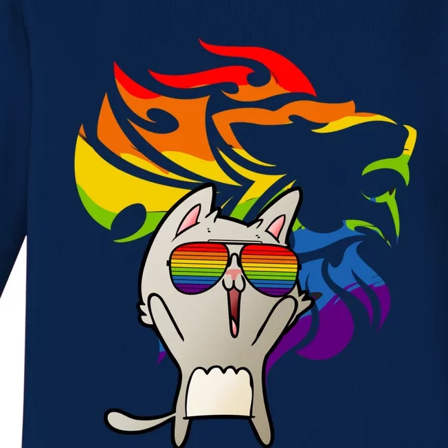 Lgbtq+ Pride Cat Wearing Sunglasses Rainbow Lion Funny Gift Baby Long Sleeve Bodysuit