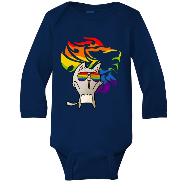 Lgbtq+ Pride Cat Wearing Sunglasses Rainbow Lion Funny Gift Baby Long Sleeve Bodysuit