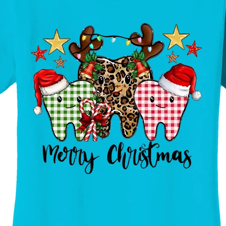 Leopard Plaid Dental Assistant Tooth Merry Christmas Dentist Cool Gift Women's T-Shirt