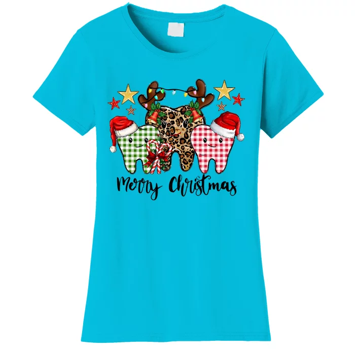 Leopard Plaid Dental Assistant Tooth Merry Christmas Dentist Cool Gift Women's T-Shirt