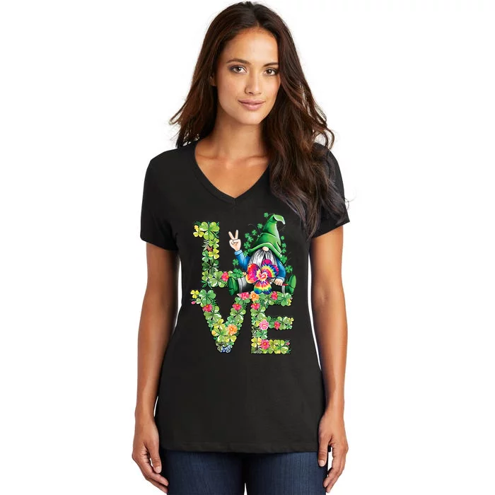 Love Patrick Day Gnomes St. Patricks Day Shamrock Lucky Lips Four Leaves Clover Women's V-Neck T-Shirt