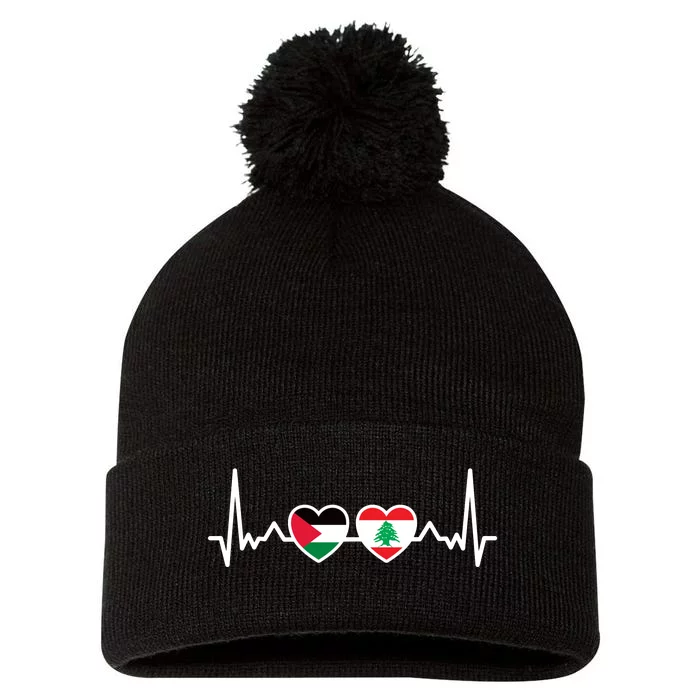 Lebanon Palestine Flag Lebanese Palestinian Unity Heartbeat Pom Pom 12in Knit Beanie