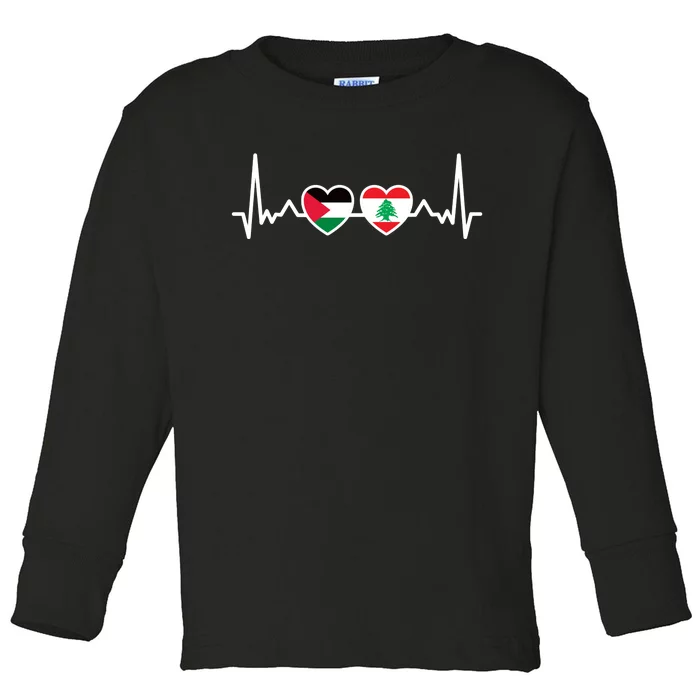 Lebanon Palestine Flag Lebanese Palestinian Unity Heartbeat Toddler Long Sleeve Shirt