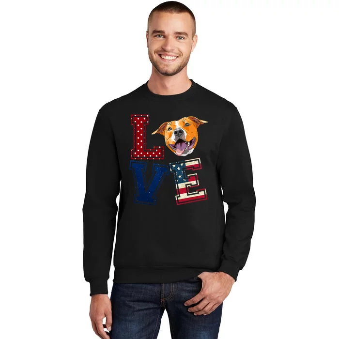 Love Pitbull Face American Flag Patriotic 4th Of July Tall Sweatshirt