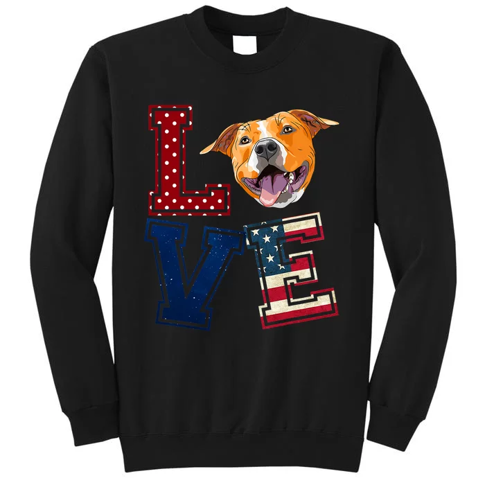 Love Pitbull Face American Flag Patriotic 4th Of July Tall Sweatshirt