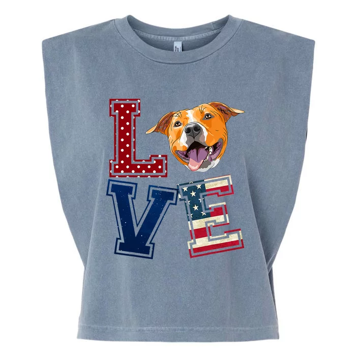 Love Pitbull Face American Flag Patriotic 4th Of July Garment-Dyed Women's Muscle Tee