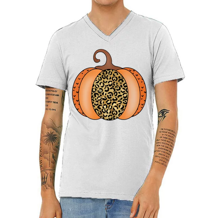 Leopard Pumpkin Fall Holiday V-Neck T-Shirt