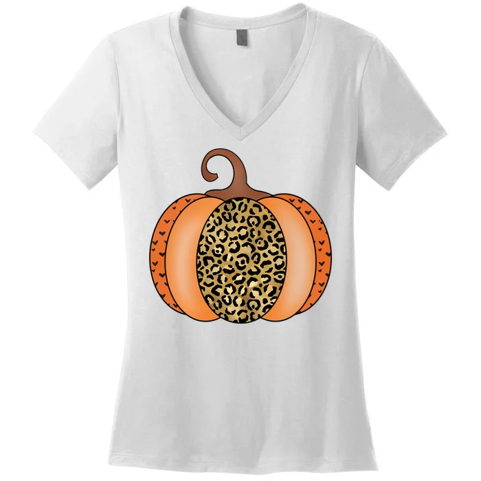 Leopard Pumpkin Fall Holiday Women's V-Neck T-Shirt