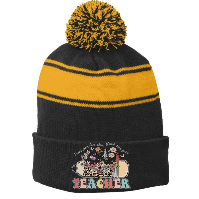 Leopard Pencil Floral Love Them Teach Them Watch Them Grow Front & Back Stripe Pom Pom Beanie