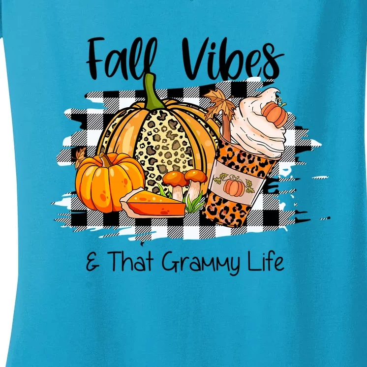 Leopard Plaid Fall Autumn Vibes Thankful Grammy Thanksgiving Cute Gift Women's V-Neck T-Shirt