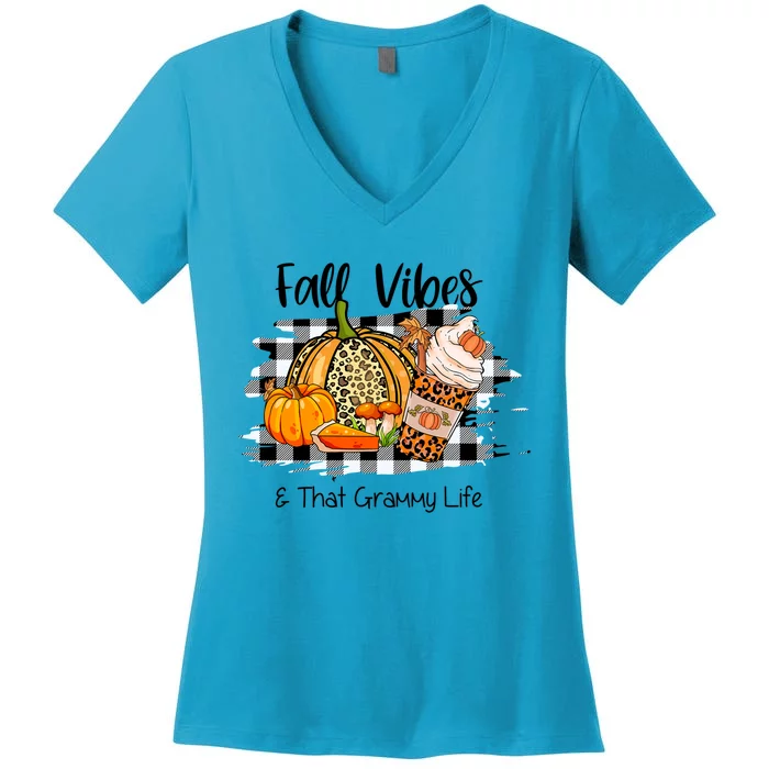 Leopard Plaid Fall Autumn Vibes Thankful Grammy Thanksgiving Cute Gift Women's V-Neck T-Shirt