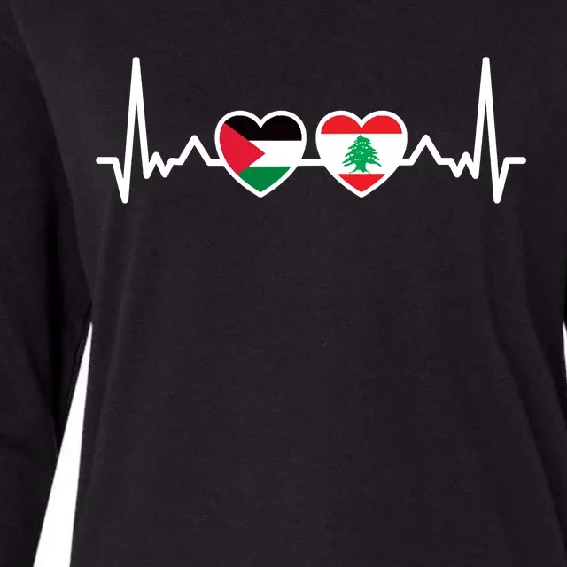 Lebanon Palestine Flag Lebanese Palestinian Unity Heartbeat Womens Cotton Relaxed Long Sleeve T-Shirt