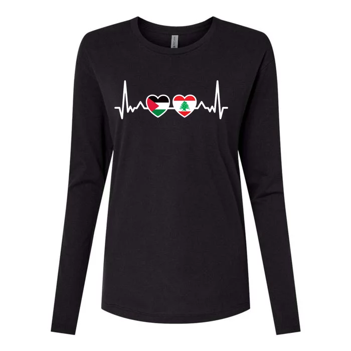 Lebanon Palestine Flag Lebanese Palestinian Unity Heartbeat Womens Cotton Relaxed Long Sleeve T-Shirt