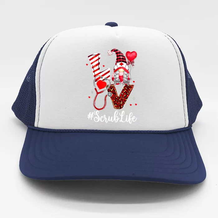 Leopard Plaid Gnome Love Scrub Life Nurse Valentines Day Gift Trucker Hat