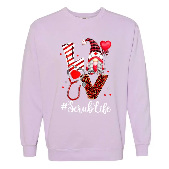 Leopard Plaid Gnome Love Scrub Life Nurse Valentines Day Gift Garment-Dyed Sweatshirt