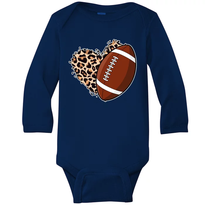 Leopard Print Heart Love Football Fan Baby Long Sleeve Bodysuit