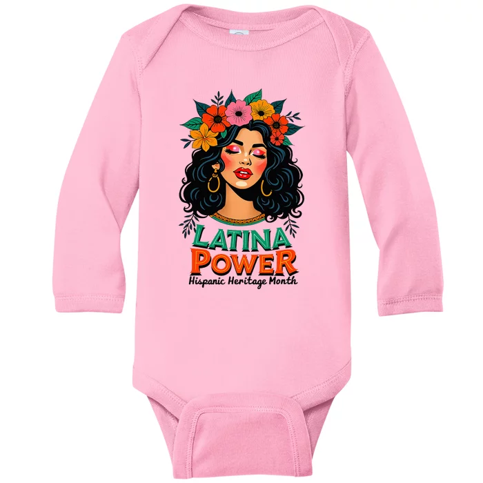 Latina Power Hispanic Heritage Month 2024 Flowers Baby Long Sleeve Bodysuit