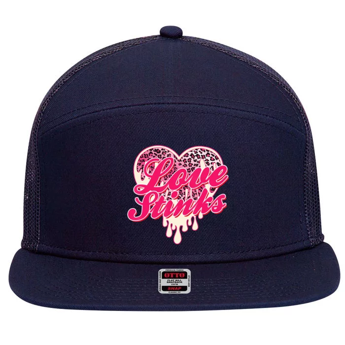 Leopard Pink Heart Love Stink Funny Anti Valentine 7 Panel Mesh Trucker Snapback Hat