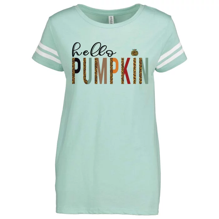 Leopard Pumpkin Hello Pumpkin Graphic Fall Halloween Costume Enza Ladies Jersey Football T-Shirt