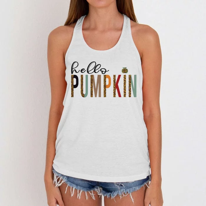 Leopard Pumpkin Hello Pumpkin Graphic Fall Halloween Costume Women's Knotted Racerback Tank