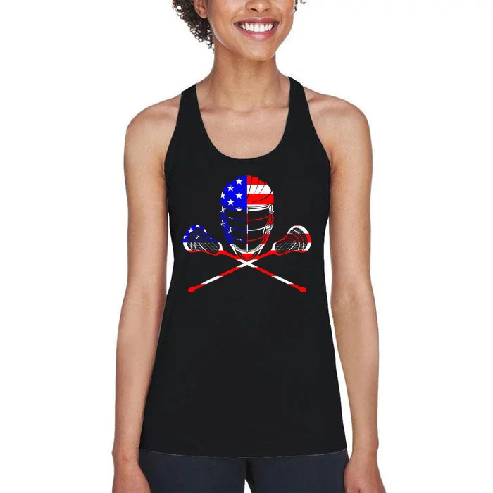 Lacrosse Player Independence Day Laxing Patriotic Lax Goalie Women's Racerback Tank