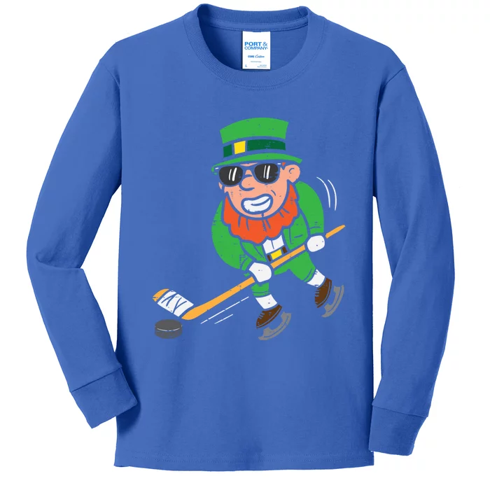 Leprechaun Playing Ice Hockey St Patricks Day Gift Kids Long Sleeve Shirt