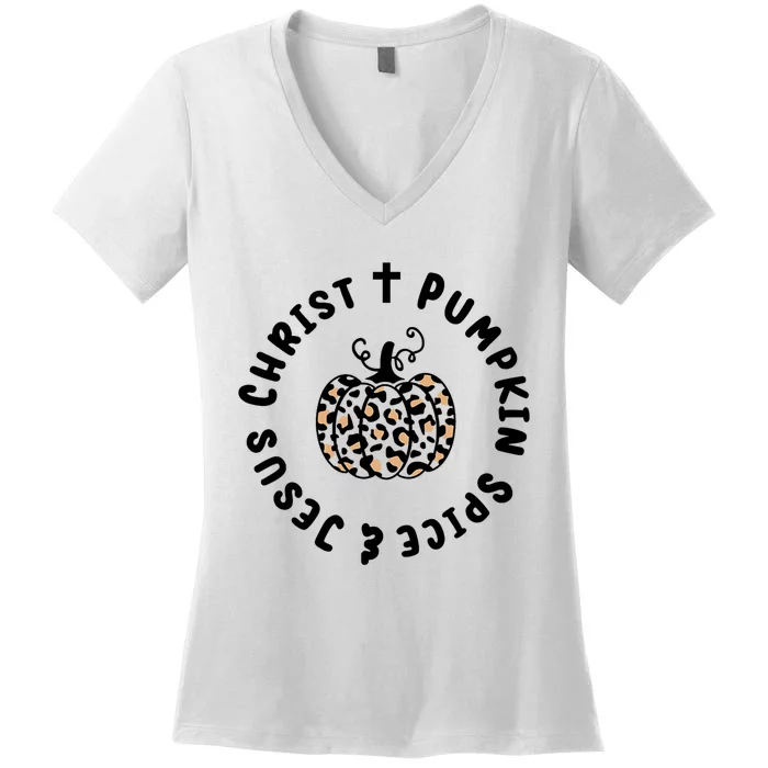 Leopard Pumpkin Jesus Christ Pumpkin Spice For Thanksgiving Women's V-Neck T-Shirt