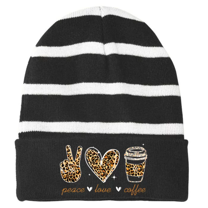 Leopard Peace Love Coffee Lovers Hippie Gifts Striped Beanie with Solid Band