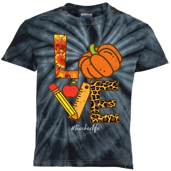 Leopard Pumpkin Love Teacher Life Thanksgiving Fall Kids Tie-Dye T-Shirt